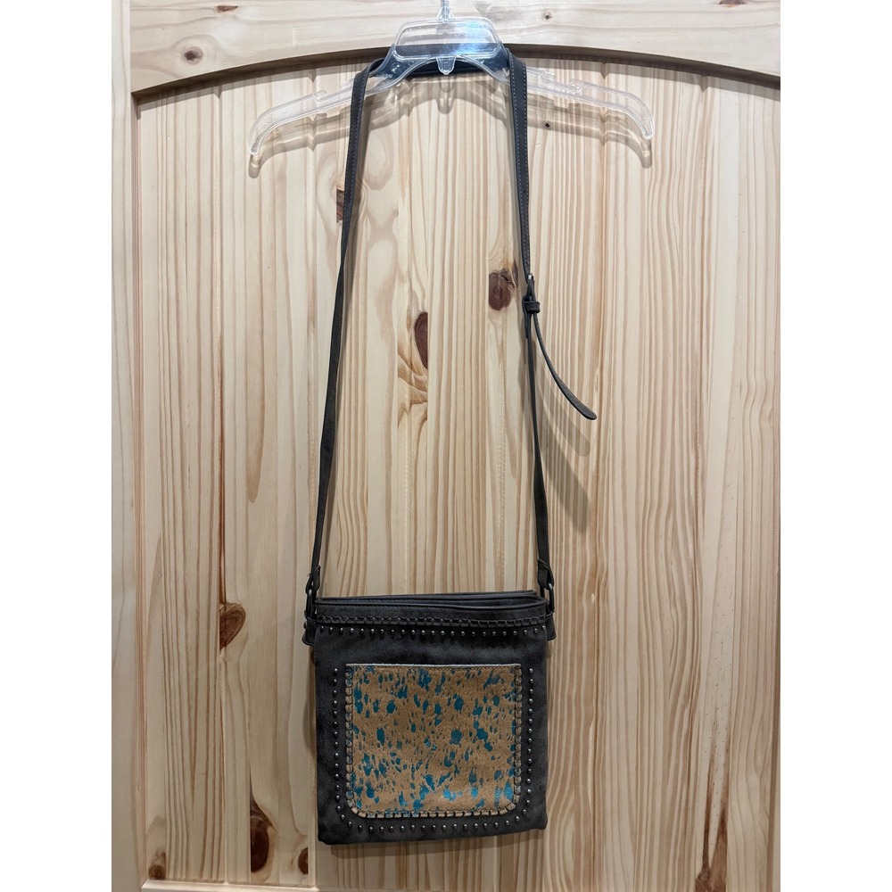 Trinity Ranch Crossbody Bag Gray Turquoise Acid Wash Cowhide Studded Western